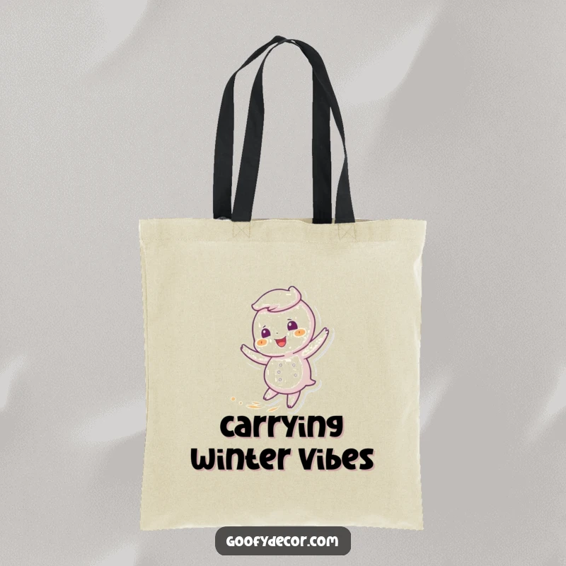 Funny tote bag with a giggling snowflake character caught mid-twirl in a refreshing, soft breeze.