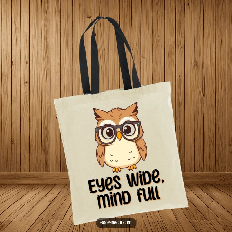 Funny owl wearing reading glasses, looking surprised, on a tote bag, ideal for carrying books and humor.