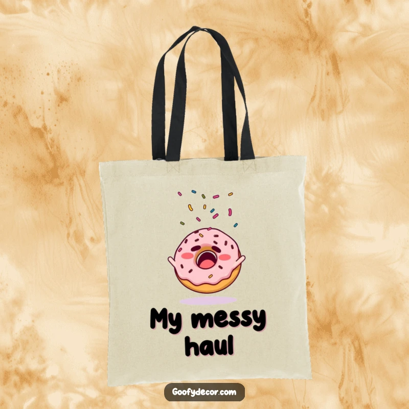 Funny tote bag featuring a startled donut character with its sprinkles dramatically flying outwards.