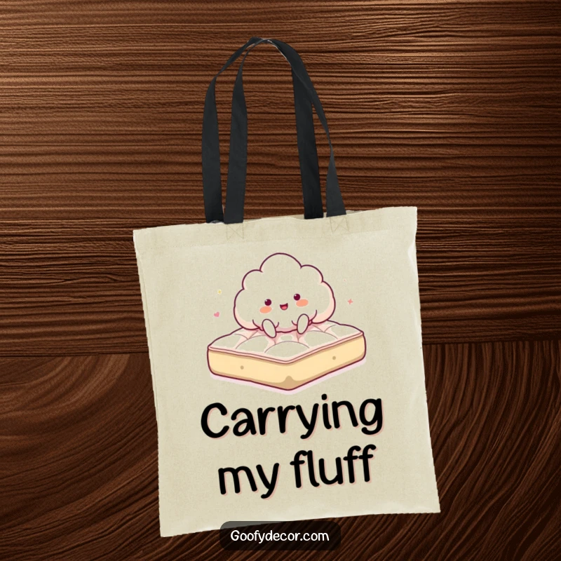 Funny tote bag with a giddy cloud character energetically bouncing on a fluffy mattress, perfect for daily use.