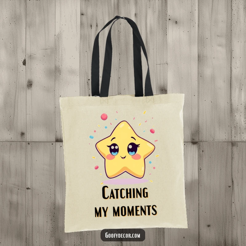 Funny Kawaii Star Tote Bag depicting a wide-eyed kawaii star character playfully catching falling confetti, ready for any festive occasion.