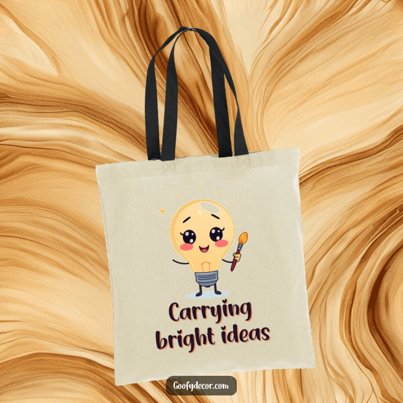Funny tote bag with a lightbulb character and paintbrush, ideal for carrying art supplies or daily essentials with a creative theme.