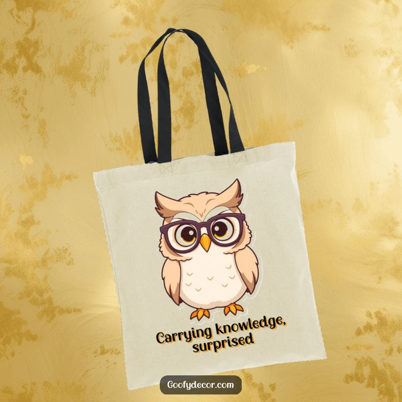 Funny owl tote bag showing a determined owl with glasses looking surprised, ideal for carrying books with humor.