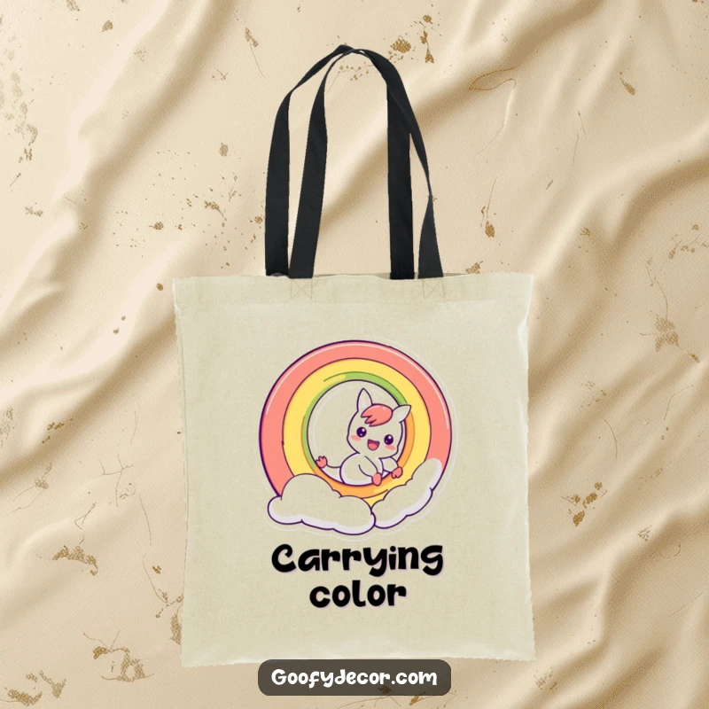 Funny mischievous rainbow character sliding down its own arc, a charming and humorous tote bag for carrying essentials.