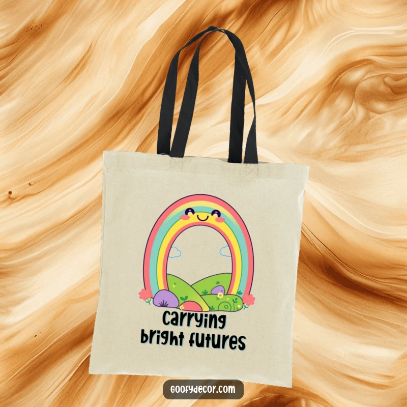 Funny playful rainbow tote bag featuring a smiling rainbow over a happy landscape, ideal for carrying groceries or daily items with cheer.