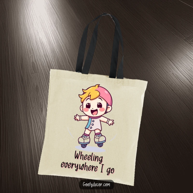 Funny tote bag with a happy roller skate character spinning, ideal for carrying items with a theme of fun and movement.