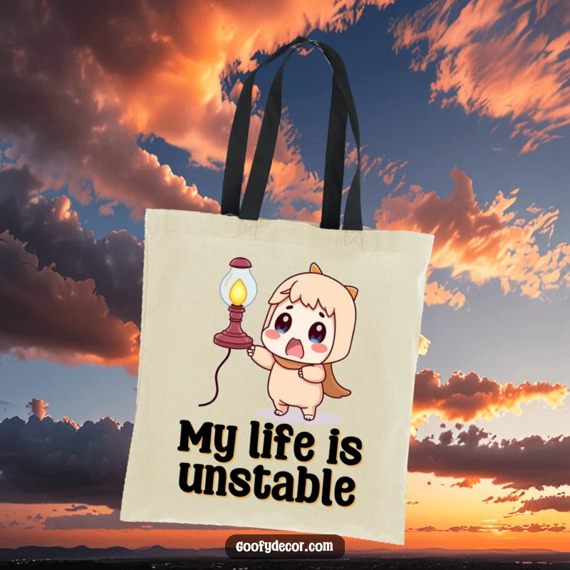 Funny surprised character tote bag, hilariously attempting to secure a wobbly, falling lamp, expressing comedic panic.