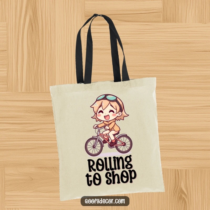 Funny tote bag featuring a joyful character riding a comically small bicycle, a humorous and practical carry-all.