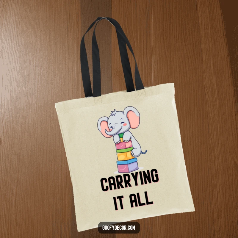 Funny giggling elephant balancing a stack of blocks on a durable and humorous tote bag.