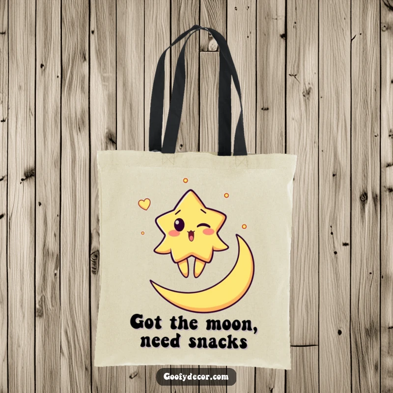 Funny tote bag showcasing a surprised star character winking while balancing on a crescent moon, a celestial design with humorous appeal.