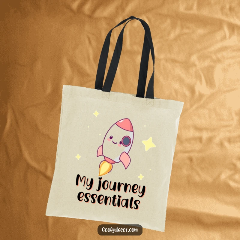 Funny tote bag with a tiny, happy rocket character depicted mid-zoom across an awe-inspiring starry expanse.