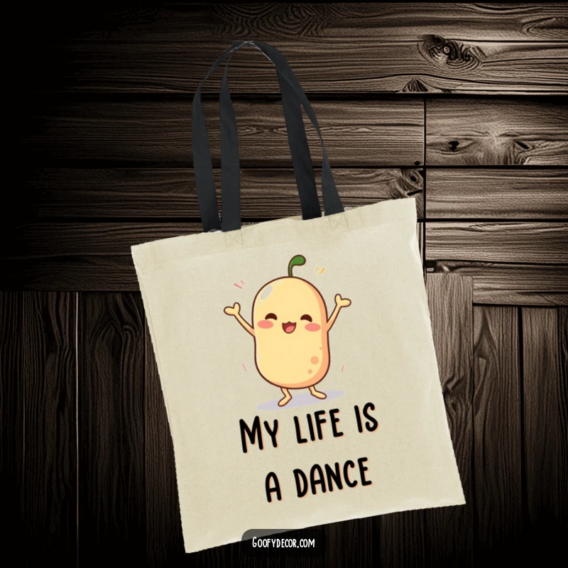 Funny tote bag illustrating a wobbly character performing a wildly silly dance, perfect for carrying essentials with a dose of playful energy.