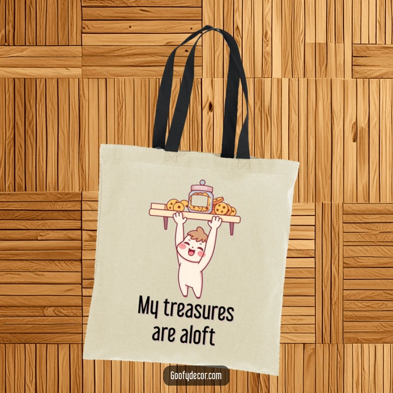 Funny tote bag with a cheerful character reaching for a cookie jar, highlighting a humorous struggle for delicious rewards.