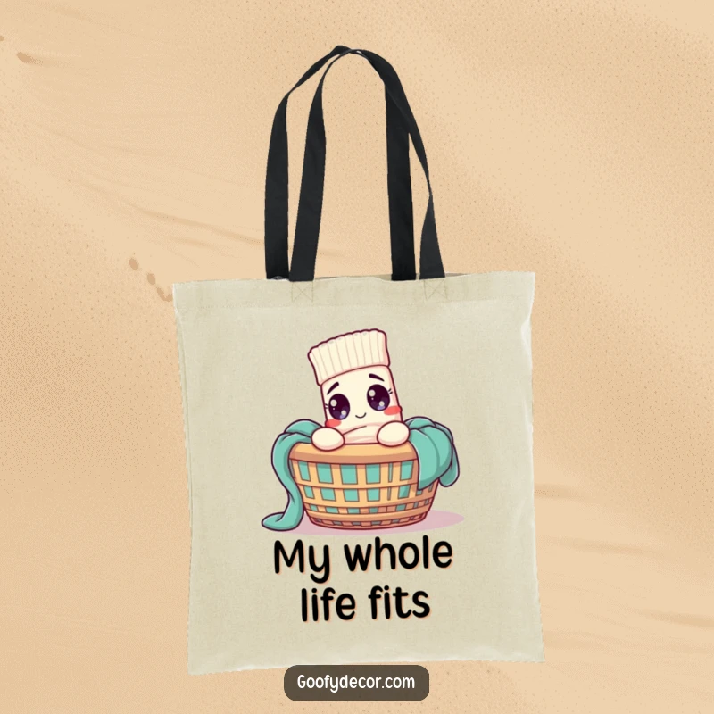 Funny sock character in a laundry basket, eyes wide with surprise, on a durable tote bag.
